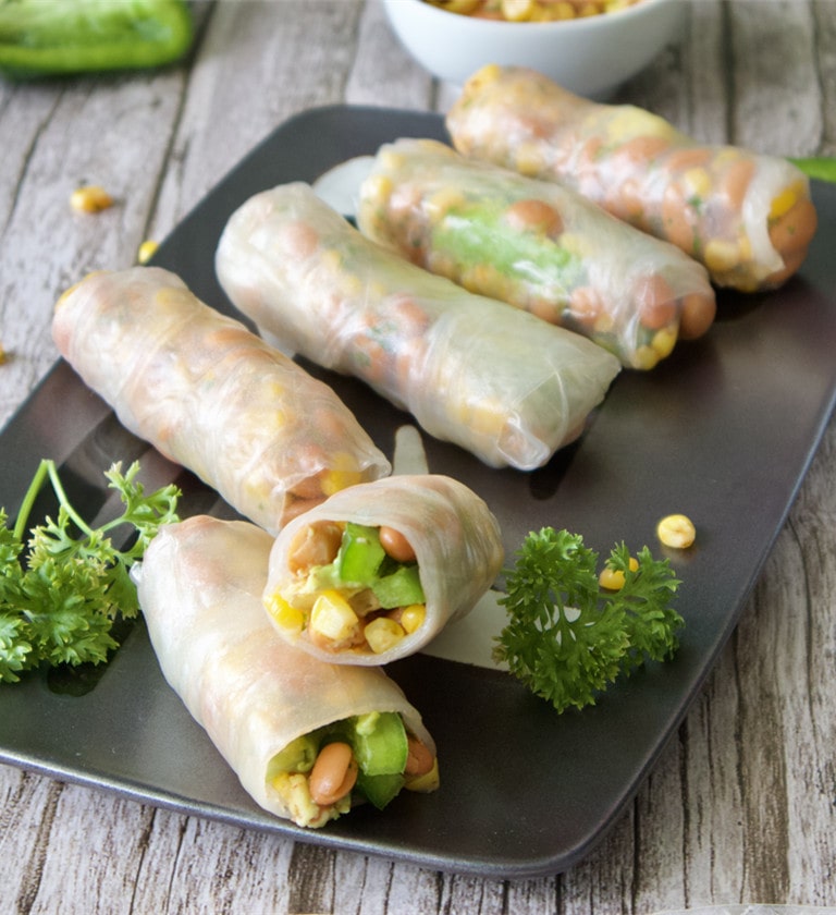Beans, Corn, And Avocado Mexican Fresh Rolls